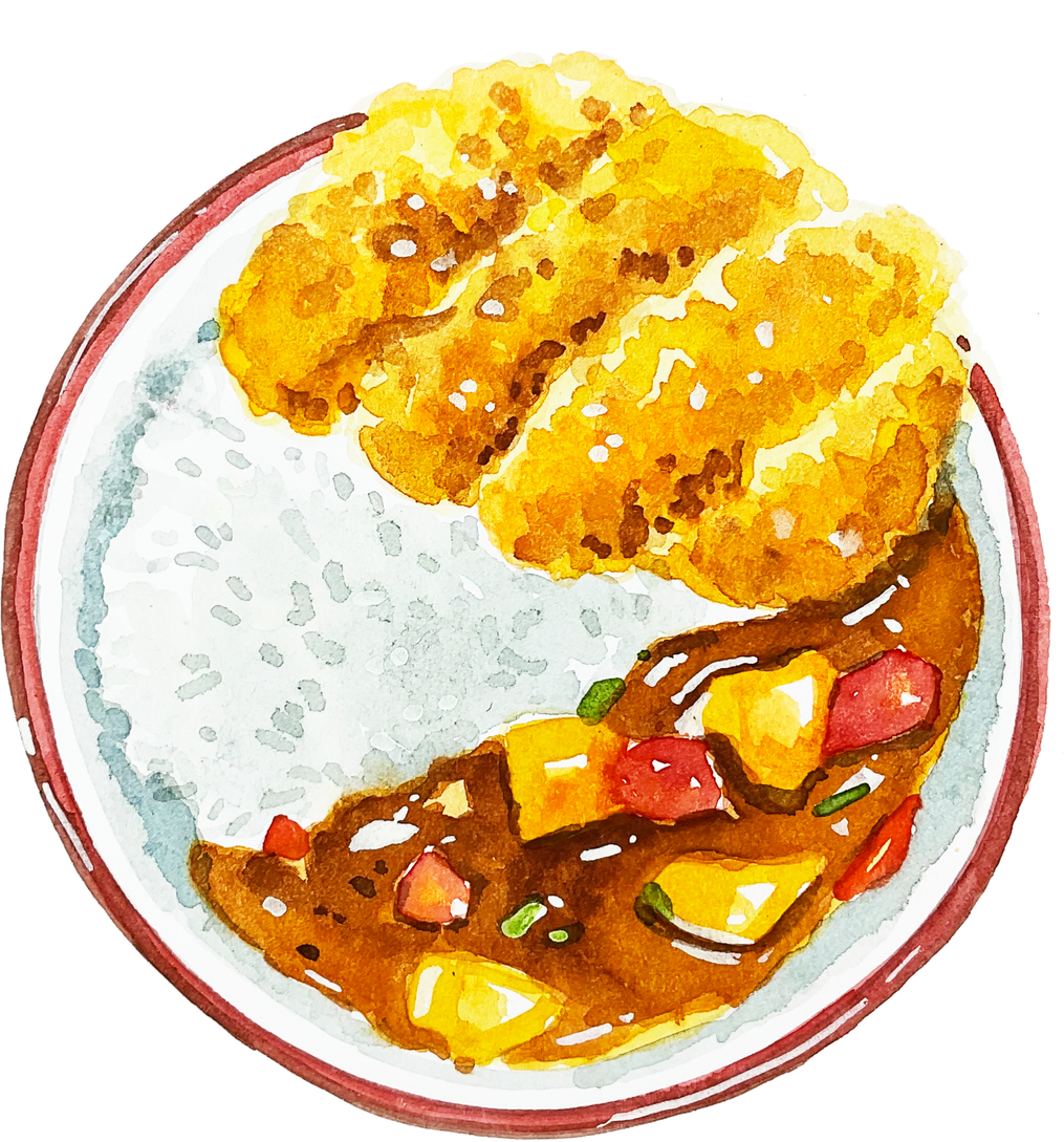 Watercolor Japanese food, tonkatsu curry rice bowl